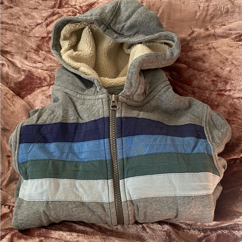 Hanna Anderson Gray Blue Green Striped Sherpa lined Kids Hoodie Size 8